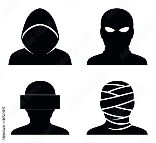 Mysterious silhouettes: hooded, masked, blindfolded, wrapped figures on dark background