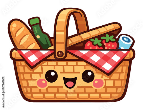 Cute cartoon picnic basket with bread, wine, strawberries, and blanket