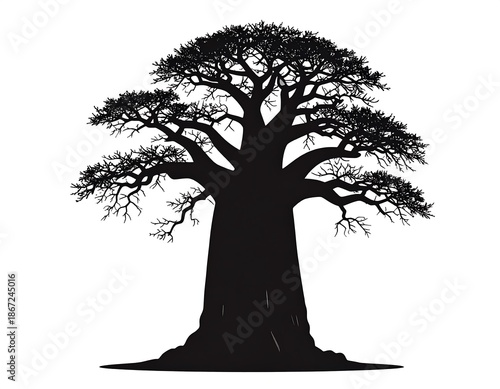 A silhouetted, large tree with thick trunk and dense canopy stands against a bright, empty background