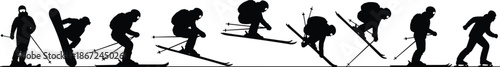 Skiing and snowboarding silhouettes set, winter sports athletes jumping and sliding, mountain resort activities icons, extreme outdoors adventure, professional skier vector isolated.
