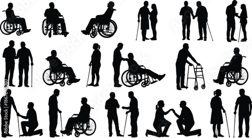 Silhouettes of elderly and disabled people using wheelchairs, walkers, and canes, showing caregivers assisting seniors and individuals with mobility challenges in daily life.