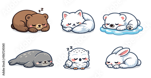 Adorable sleeping animals: bear, fox, polar bear, seal, owl, rabbit cartoon characters