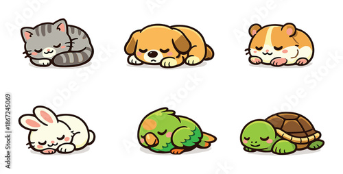 Cute sleeping animals collection featuring cat dog hamster rabbit parrot turtle