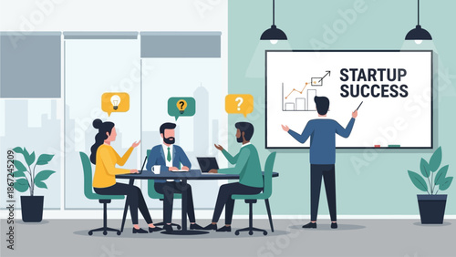 Engaged business professionals in a productive meeting, brainstorming innovative solutions for company expansion and entrepreneurial achievement