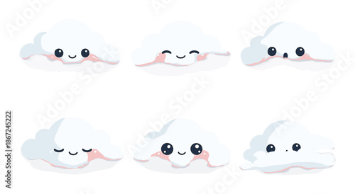 Cute kawaii clouds with different facial expressions on a gray background