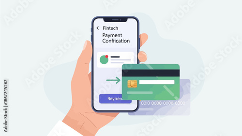 Digital payment confirmation on a smartphone, showcasing a hand completing an online financial transaction with a credit card, emphasizing modern fintech convenience