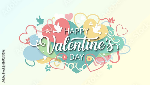 Elegant 'Happy Valentine's Day' Greeting with Hearts and Doves in Soft Pastel Colors