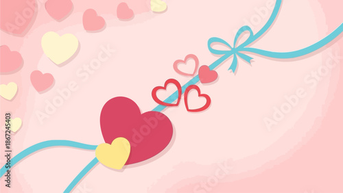 A whimsical celebration of love and affection with a charming pastel pink background adorned with delicate hearts and a playful blue ribbon tied in a bow