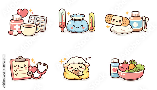 Cute health and wellness cartoon icons with medicine, thermometer, sheep, and fruits