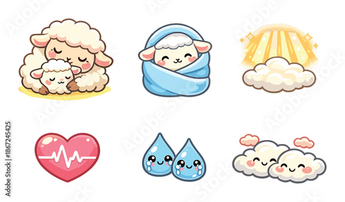 Cute kawaii sheep and cloud characters with heartbeat and raindrop elements