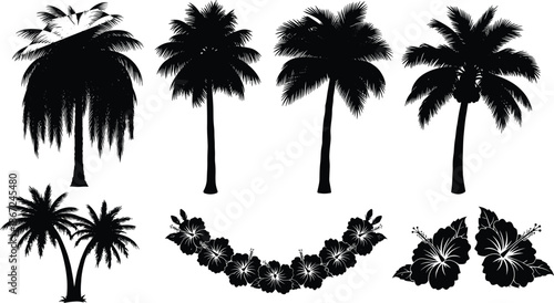 Tropical palm trees silhouette set with hibiscus flowers, exotic summer vacation design elements, coconut tree icons, botanical flora collection for beach party posters