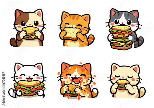 Cute cartoon cats enjoying sandwiches and burgers in various adorable poses