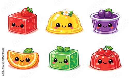 Cute kawaii jelly characters with fruits and faces in bright colors