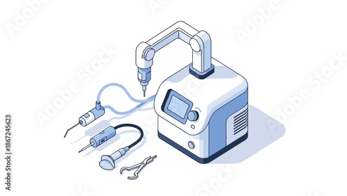 Medical equipment with suction and diagnostic tools on a white background