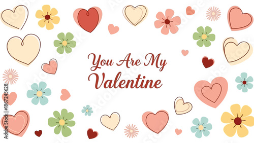 A charming digital illustration celebrating love with a heartfelt message and an abundance of cute floral and heart elements, perfect for Valentine's Day and romantic occasions