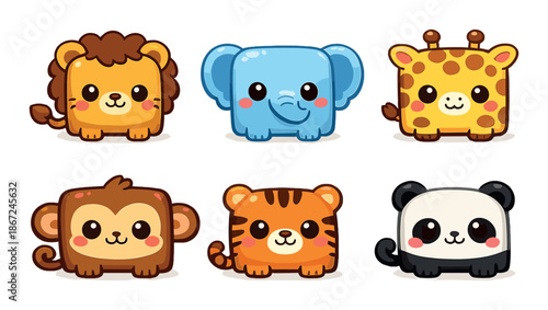 Cute cartoon animals: lion, elephant, giraffe, monkey, tiger, panda in colorful square design