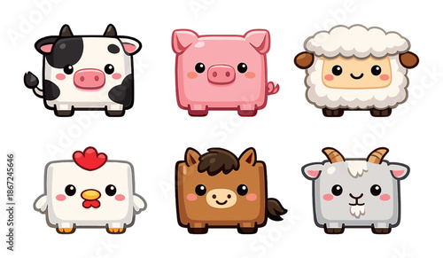 Cute square farm animals with cow, pig, sheep, chicken, horse, goat cartoon art