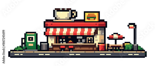 Pixel art cafe scene with coffee cup and burger sign
