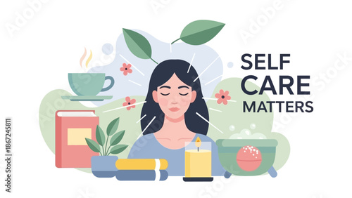 Illustrated Concept of a Serene Woman Embracing Self-Care Rituals for Inner Peace, Mental Well-being, and Relaxation