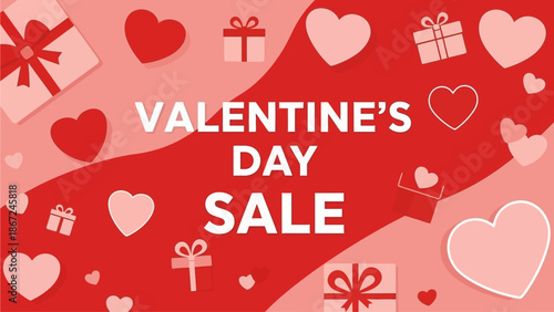 Festive Valentine's Day Sale Banner Illustration - Love-Themed Promotional Background with Hearts and Gifts for Romantic Holiday Shopping Events