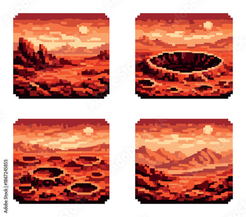 Pixel art landscapes: alien terrain with craters and mountains at sunset