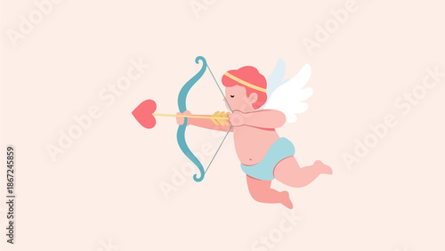 Adorable winged Cupid character taking aim with a heart arrow, embodying passion and affection for romantic occasions and festive designs
