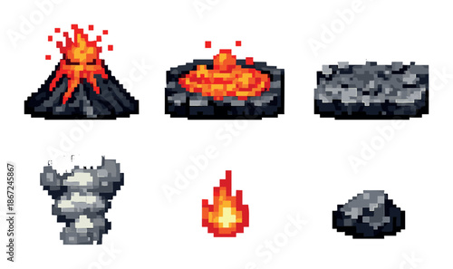 Pixel art elements: erupting volcano, lava pool, rocks, smoke, flame, gem