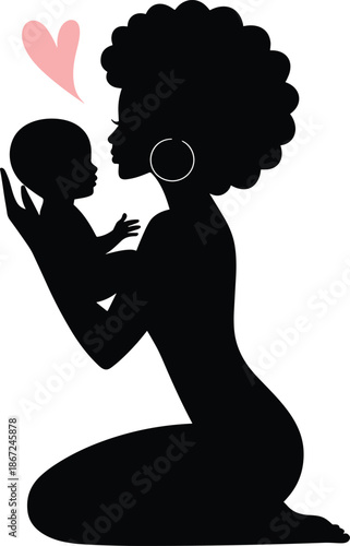 Mother holding baby silhouette illustration, maternal love, parenting bond, motherhood concept, black woman profile, family care, tender moment art
