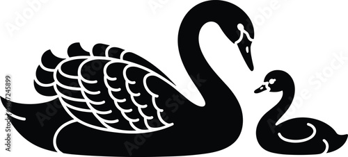 Mother swan with cygnet silhouette illustration, swan family love, water bird wildlife art, black white vector design, nature pond concept