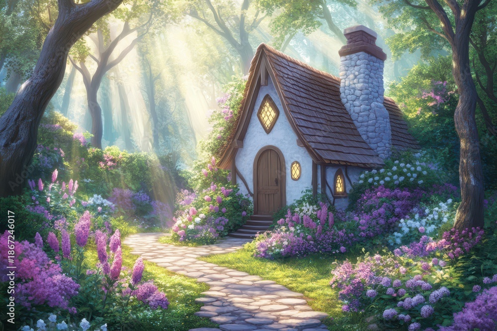 Obraz premium Enchanting Cottage in a Dreamy Landscape: A whimsical cottage nestled in a vibrant garden, enveloped by a magical forest, radiates tranquility and charm.