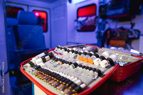 Close-up of ampoules with medication in ambulance car of emergency medical service. © Chalabala