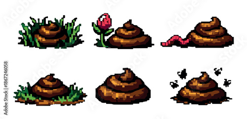 Pixel art poop emoji variations with flowers and worm