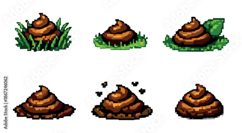 Collection of six pixel art piles of waste in various landscapes and conditions