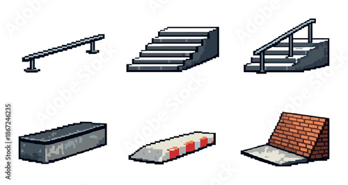 Pixel art urban skating obstacles collection with ramps, rails, and steps