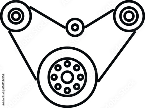 Engine timing belt system connecting multiple pulleys in a simple outline drawing