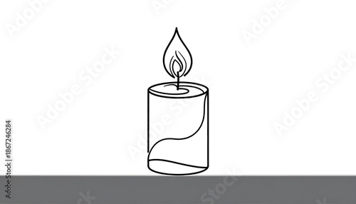 A simple candle illustration with single continuous line on a white background and gray base