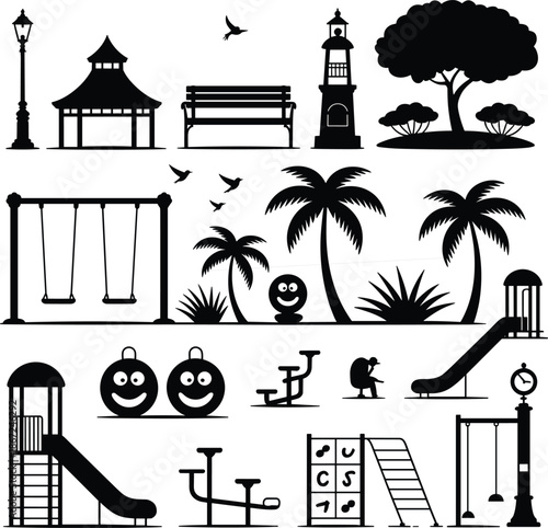 Park playground silhouette icon set, outdoor recreation elements illustration, benches trees swings slides lamps vector collection isolated white background