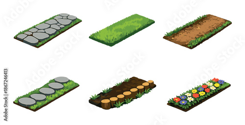 Isometric garden elements set: grass, stone, dirt, flowers, log pathways