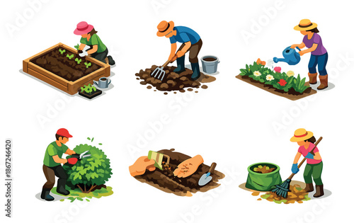 Isometric gardening activities: planting, watering, pruning, and composting in vibrant colors