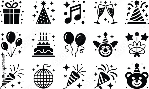 Party celebration icon set with birthday elements, gift balloons cake music champagne hats vector illustration collection for festive event design