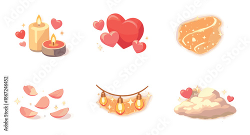 Romantic elements: hearts, candles, petals, and lights with glowing effects