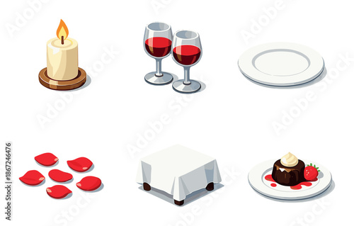 Romantic dinner setting with candle, wine, and dessert illustrations