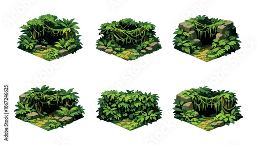 Lush jungle terrarium collection featuring dense greenery and stone pathways