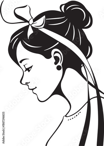 Elegant woman profile illustration with updo hair and ribbon bow