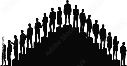 People hierarchy silhouette illustration, social pyramid concept, leadership success levels, career progression teamwork, business growth ambition, black white 