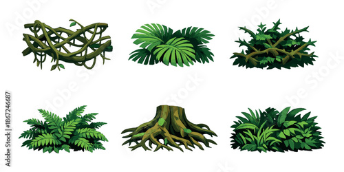 Lush green foliage and roots collection on dark background