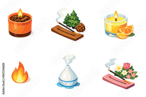 Colorful aromatherapy candles and incense with vibrant scents and decorations