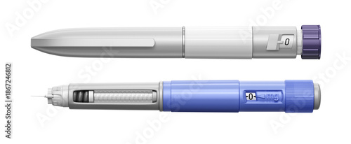 Medical injector pens for diabetes and weight loss therapy. Semaglutide Ozempic and Mounjaro tirzepatide auto-injectors. Healthy lifestyle, body transformation, diabetic care, obesity treatment. PNG
