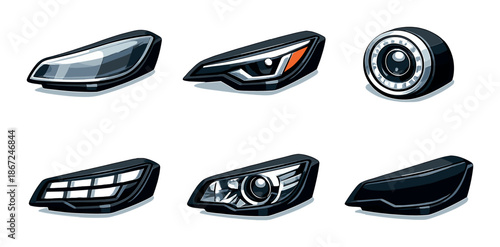 Collection of modern car headlights and taillights illustrations
