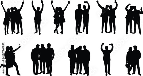 People silhouettes taking selfies, group of men and women celebrating, social media, smartphone photography, friends posing concept illustration, modern lifestyle